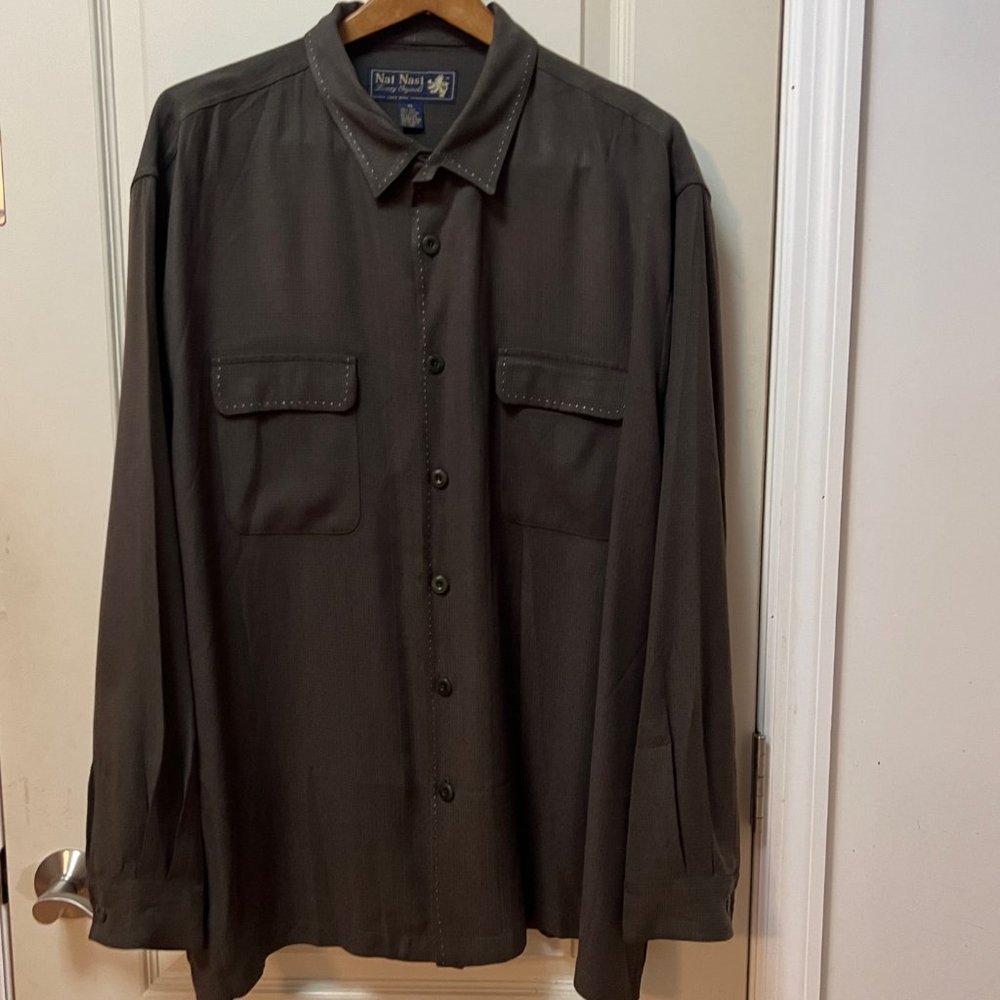 Nat Nast Mens's XL 80% Silk/20% Rayon L/S Button Down Shirt "Design #58. Brown.